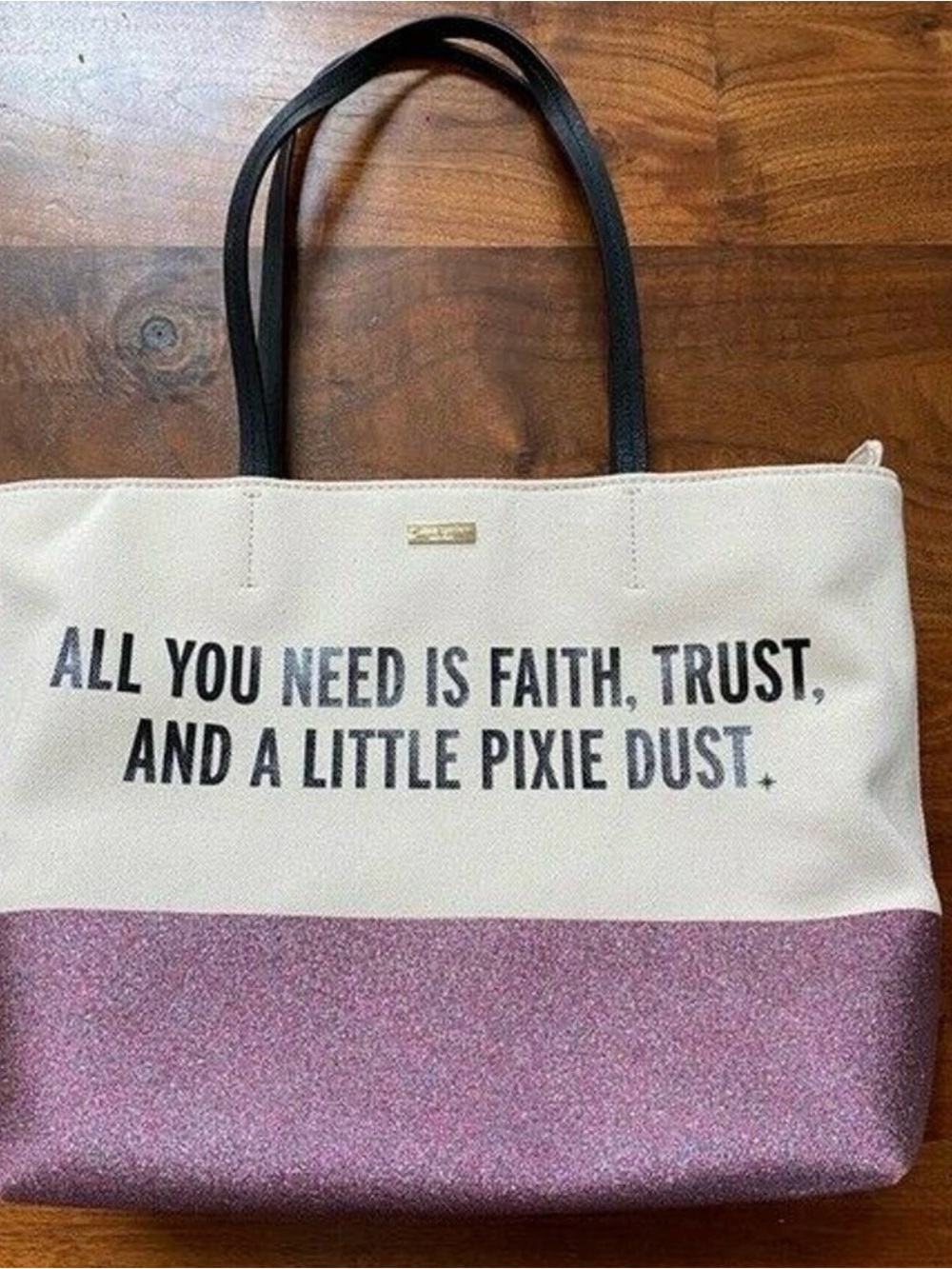 Kate Spade Disney White and Pink Glitter Tote Bag Faith Trust and Pixie Dust